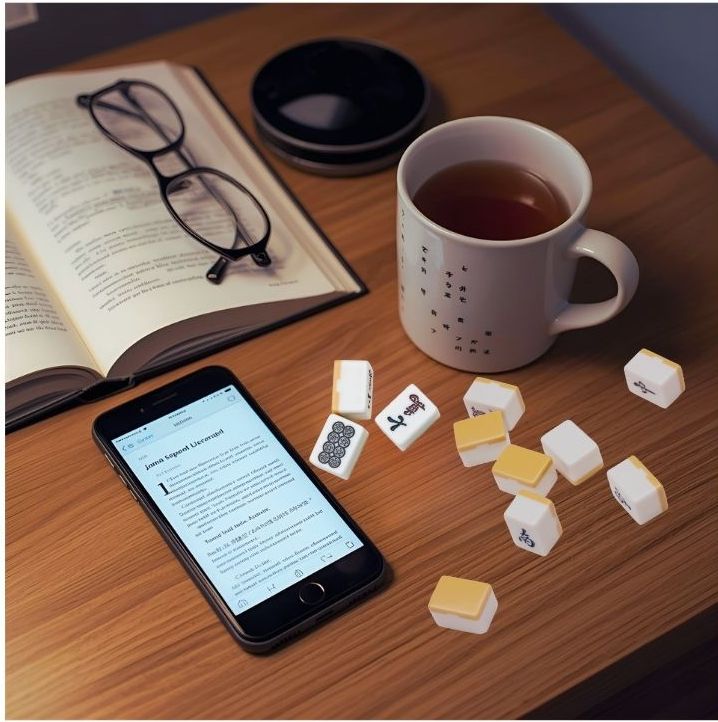 Bedside table with mahjong tiles, phone, book